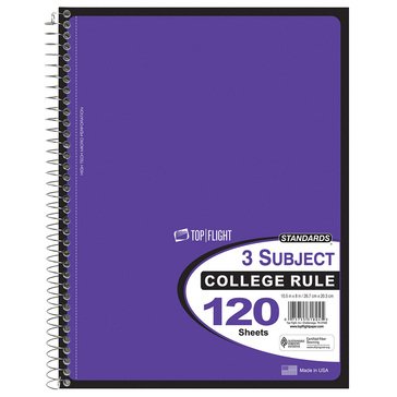 Top Flight 3-Subject College Ruled 120 Sheet Notebook