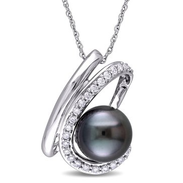 Sofia B. 10K White Gold Black Tahitian Pearl and 1/4 cttw Diamond Swirl Pendant