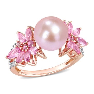 Sofia B. Pink Sapphire Cultured Freshwater Pearl and 1/8 cttw Diamond Flower Ring