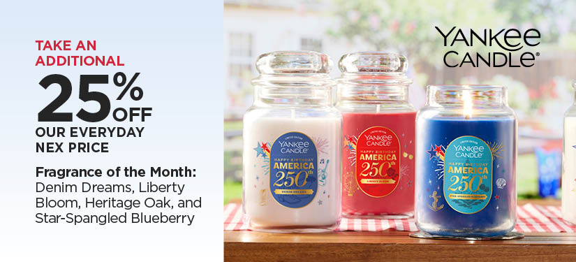 Take an Additional 25% off our Everyday NEX Price on  Fragrance of the Month Scents:  Denim Dreams, Liberty Bloom, Heritage Oak, and Star-Spangled Blueberry