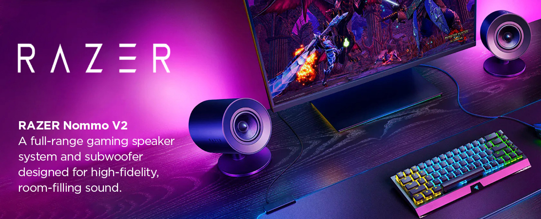 Set the Soundstage for Victory with the Razer Nommo V2 — a Full-Range Gaming Speaker System and Subwoofer Designed for High-Fidelity, Room-Filling Sound and Riveting Bass