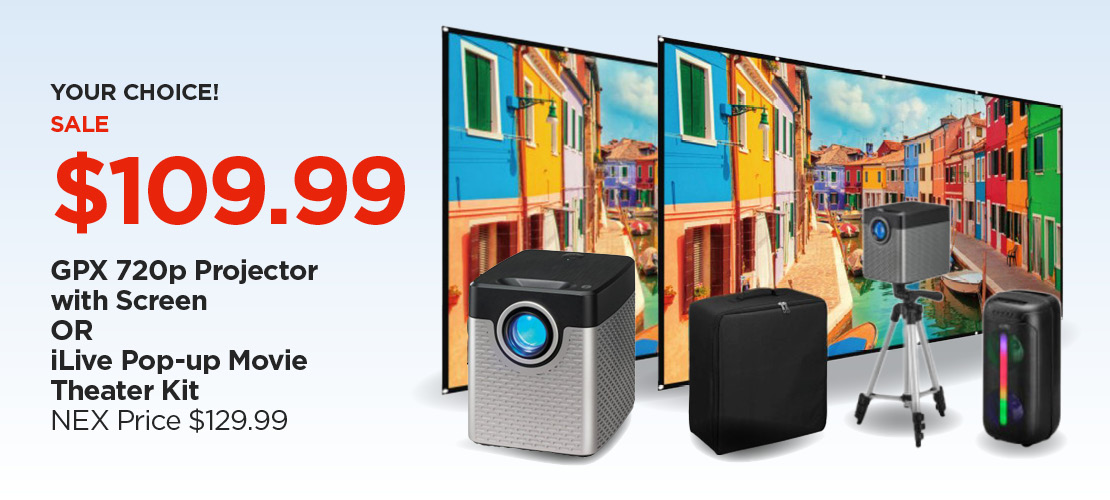 Your Choice $109.99 GPX 720p Projector with Screen or iLive Pop-up Movie Theater Kit
