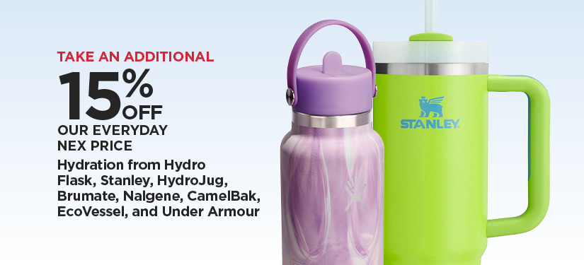 15% Off Hydration from Hydroflask, Stanley, Hydrojug, Brumate, Nalgene, Camelbak, Ecovessel, Under Armour
