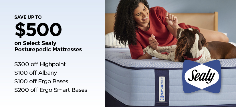 Save Up To $400 Select Sealy Posturepedic Mattresses ($300 off Highpoint, $100 off Albany, $100 off Ergo Bases, and $200 off Ergo Smart Bases)