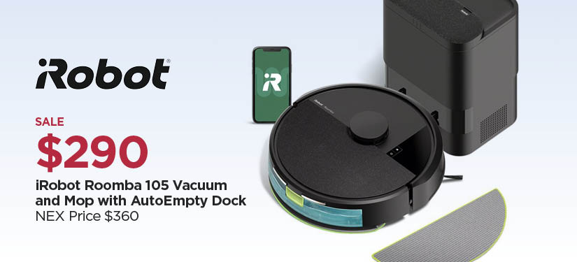 $290 iRobot Roomba 105 Vacuum and Mop with AutoEmpty Dock, Reg $360