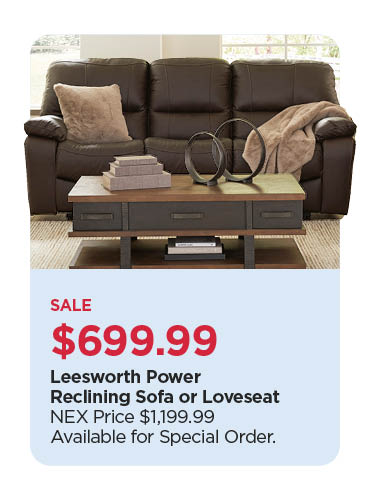 $699.99 Leesworth Power Reclining Sofa or Loveseat, Reg $1199.99 (In-store only)