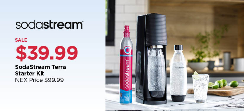 Take An Additional 50% Off Our Everyday NEX Price SodaStream Terra Sparkling Water Starter Kit, Reg $79.99 ($79.99 SodaStream Art, Reg $139.99)