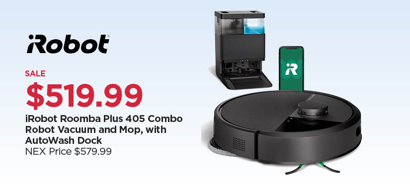 $519.99 iRobot Roomba Plus 405 Combo Robot Vacuum and Mop, with Auto Wash Dock, Reg $579.99