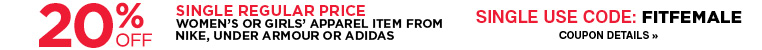 20% off women's and girls' athletic apparel from Nike, Under Armour, and Adidas with coupon code FITFEMALE