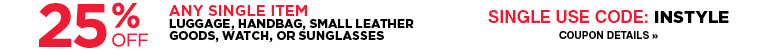 Take 25% off regular, sale, and clearance luggage, handbags, watches, or sunglasses with coupon code INSTYLE