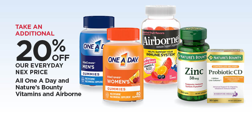 Take An Additional 20% Off Our Everyday NEX Price All One A Day and Nature's Bounty Vitamins and Airborne