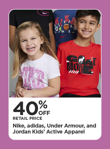 40% Off Retail Price Nike, adidas, Under Armour, and Jordan Kids' Active Apparel