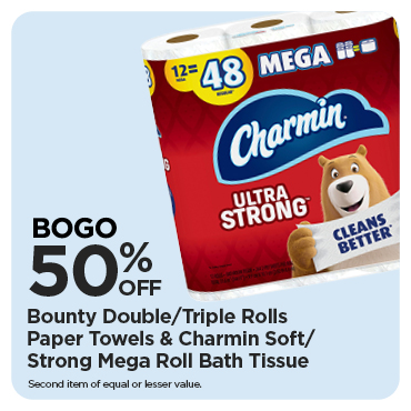 BOGO 50% Bounty Double Triple Rolls Paper Towels & Charmin Soft Strong Mega Roll Bath Tissue