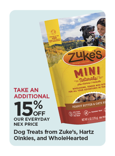 Take An Additional 15% Off Our Everyday NEX Price Dog Treats from Zuke's, Hartz Oinkies, and Whole Hearted