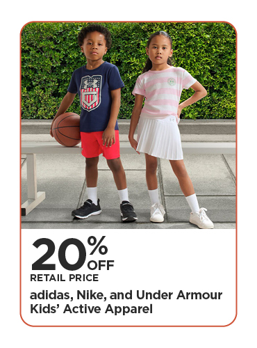 20% Off Retail Price adidas, Nike, and Under Armour Kids' Active Apparel
