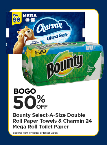 BOGO 50% Bounty Select-A-Size Double Roll Paper Towels, Charmin 24 Mega Roll Toilet Paper