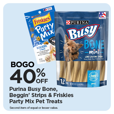 BOGO 40% Purina Busy Bone, Beggin' Strips & Friskies Party Mix Pet Treats