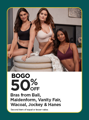 BOGO 50% Bras from Bali, Maidenform, Vanity Fair, Wacoal, Jockey & Hanes