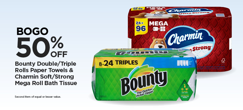 Bounty Double/Triple Roll Paper Towels & Charmin Soft/Strong Mega Roll Bath Tissue