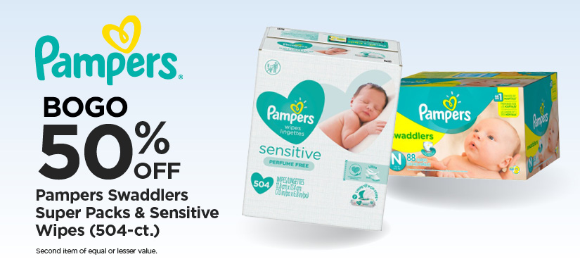 BOGO 50% Pampers Swaddlers Super Packs & Sensitive Wipes (504-ct.)*Second item of equal or lesser value.