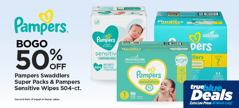 BOGO 50% Pampers Swaddlers Super Packs & Pampers Sensitive Wipes 504-ct.*Second item of equal or lesser value.