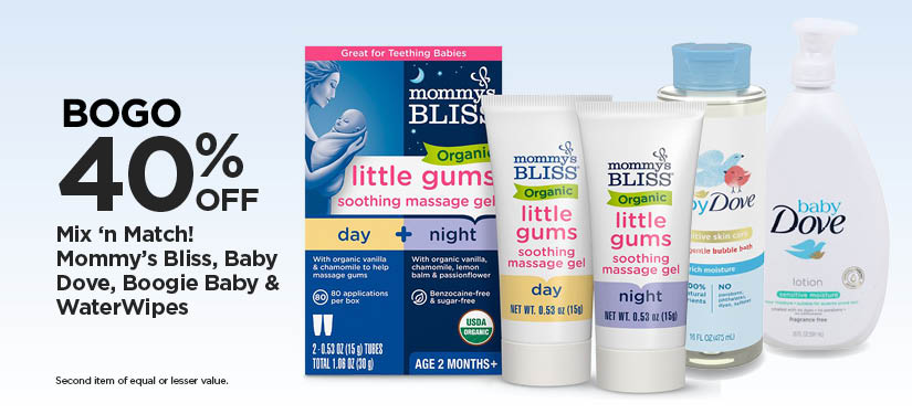 BOGO 40% Mix 'n Match! Mommy's Bliss, Baby Dove, Boogie Baby & WaterWipes