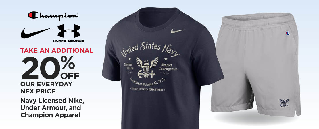 Take An Additional 20% Off Our Everyday NEX Price Navy Licensed Nike, Under Armour, and Champion Apparel