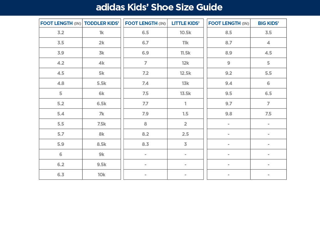 adidas kids shoes size chart