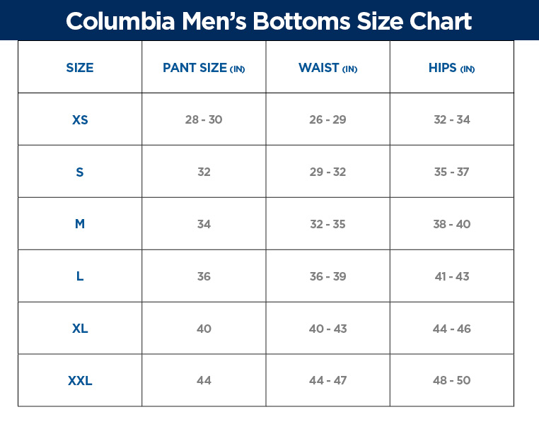 Columbia Outerwear Size Chart