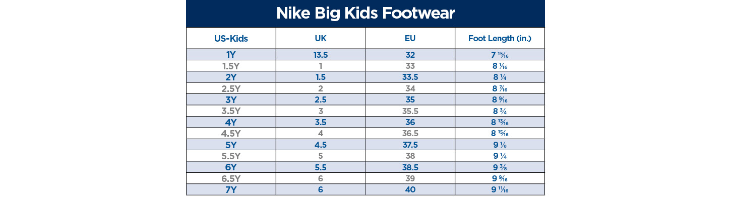 nike big kid shoe size chart