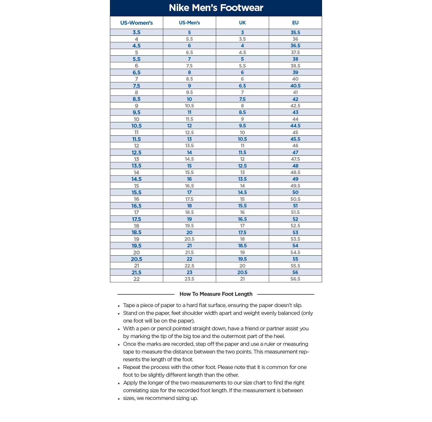 nike lebron size chart