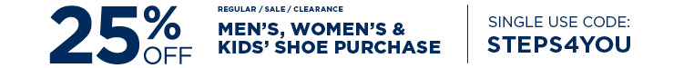 25% off purchase of single pair of shoes with coupon code STEPS4YOU