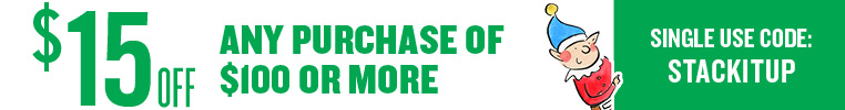 Save $15 on any purchase over $100 with coupon code STACKITUP