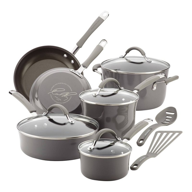 Rachael Ray 12-piece Cucina Porcelain Cookware Set, Sea Salt Gray