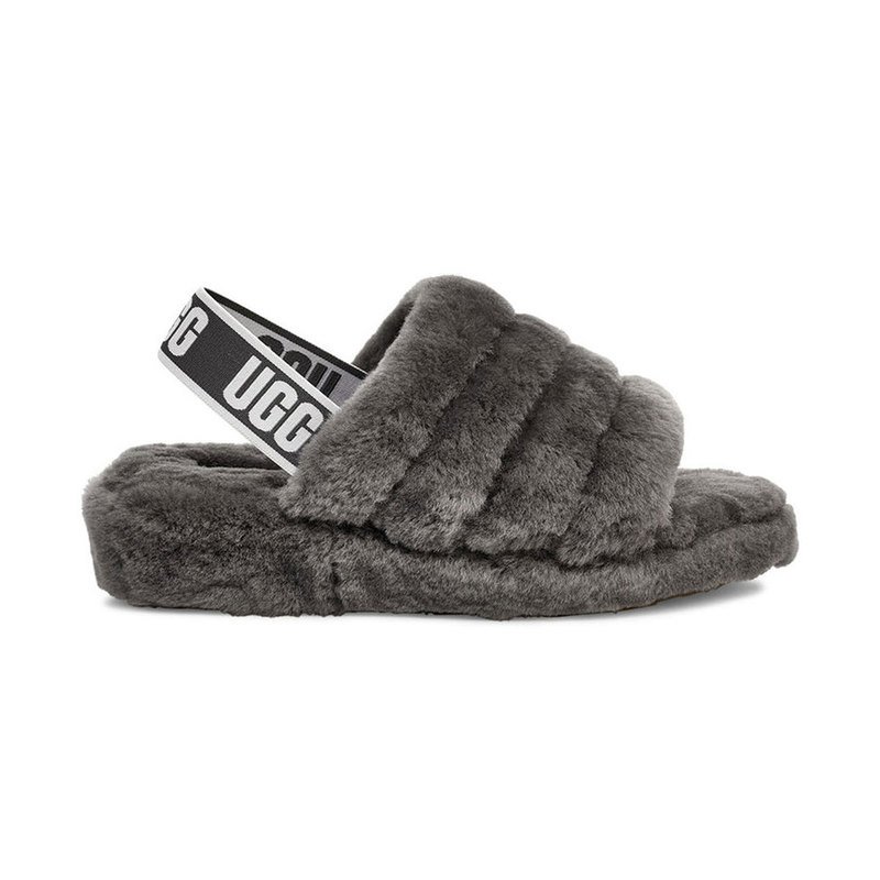 black white and grey ugg slides