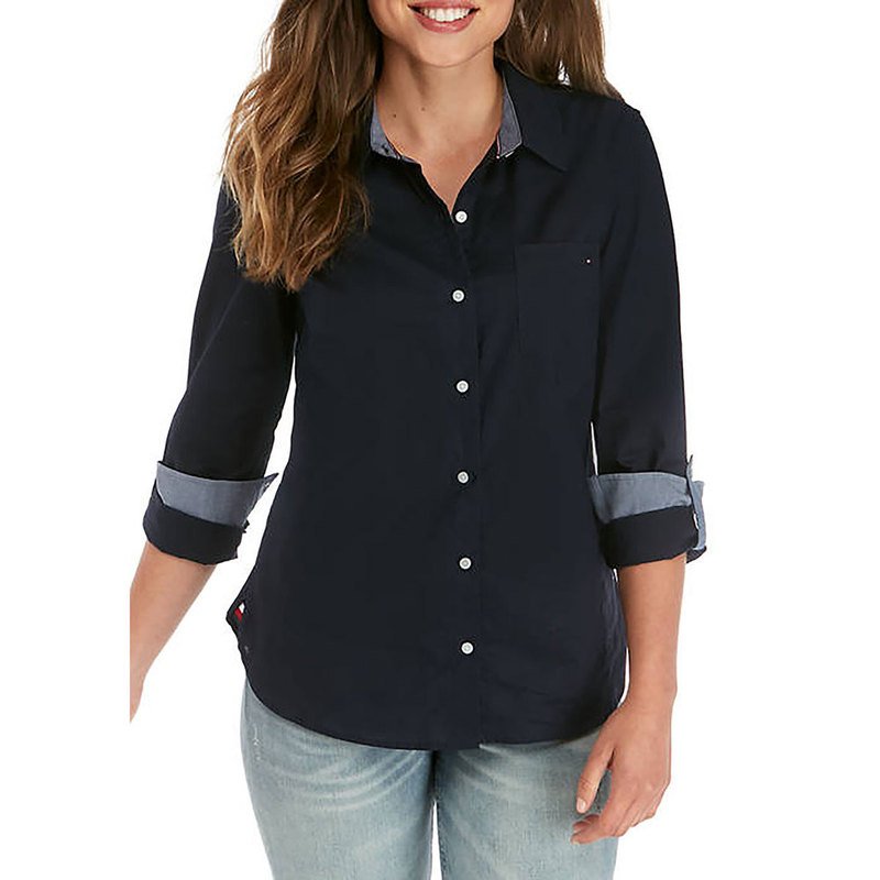 Shop - Site Navy Your Button Tommy Women\'s Hilfiger Collared Exchange & Shirt Tops | Women\'s Official Women\'s | - Front