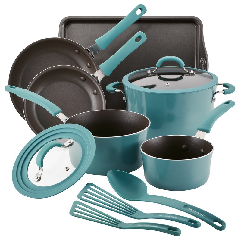 Rachael Ray 12-Piece Get Cooking! Nonstick Pots and Pans Set/Cookware Set, Turquoise