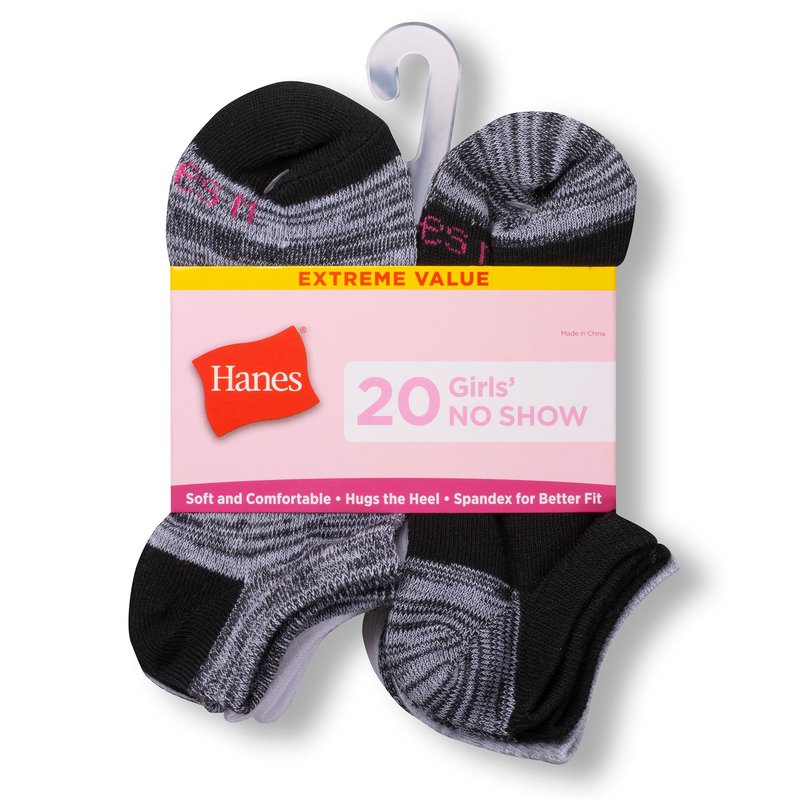 Hanes Girls' Super Value No Show Socks 20-pack