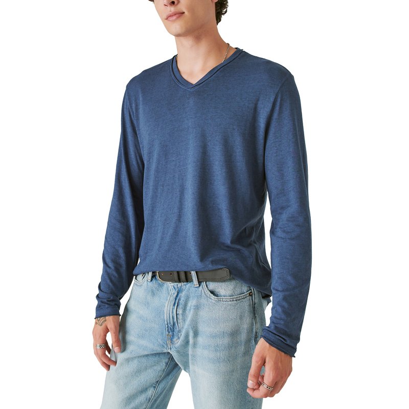 Lucky Brand Men's Long Sleeve Venice Burnout V-neck Shirt