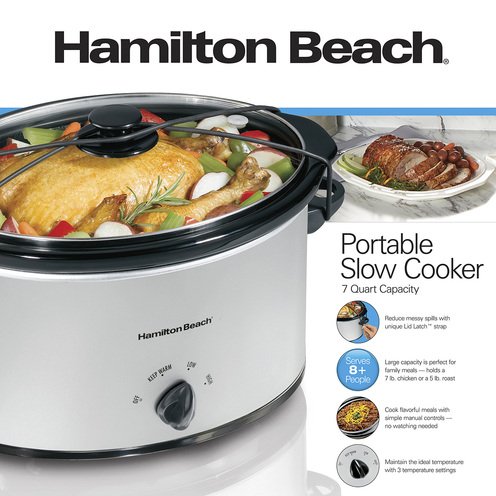 Hamilton Beach 7-Quart Portable Slow Cooker Serves 8+, Dishwasher Safe  Crock, Lid Latch Strap for Travel, Brushed Silver