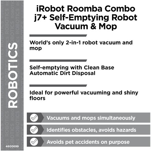 iRobot Roomba Combo j7+ Self-Emptying Robot Vacuum & Mop - Automatically  Vacuums and Mops, Fully Retractable Mop pad, Identifies & Avoids Obstacles