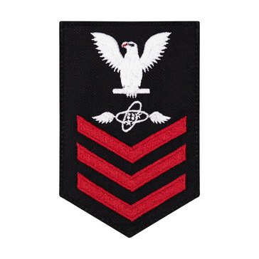 Women's E4-E6 (AT1) Rating Badge in STANDARD Red on Blue SERGE WOOL for Aviation Electronics Technician
