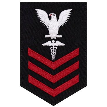 Women's E4-E6 (HM1) Rating Badge in STANDARD Red on Blue SERGE WOOL for Hospital Corpsman