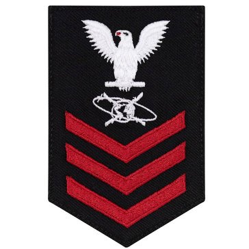 Women's E4-E6 (MC1) Rating Badge in STANDARD Red on Blue SERGE WOOL for Mass Communications Specialist