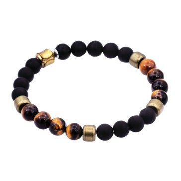 Blackjack Men's Oxidized Gold-Plated Stainless-Steel Onyx and Tiger-eye Bead Bracelet