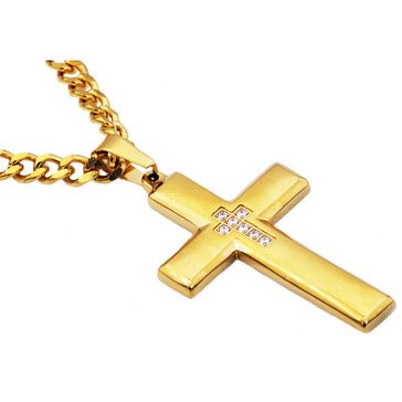 Blackjack Men's Gold-Plated Stainless-Steel with CZ Cross Pendant with Curb Chain