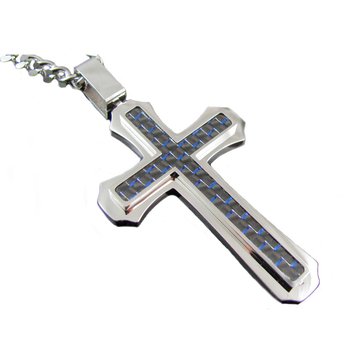 Blackjack Men's Blue Carbon Fiber Stainless Steel Cross Pendant with Curb Chain