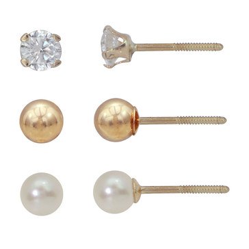 Children's 3 Pair Earring Set, 14K
