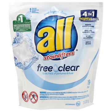 All HE Mighty Pacs Free Clear With Stainlifters Laundry Detergent