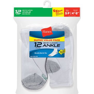 Hanes Boys' 12-Pack Ankle Socks, Large